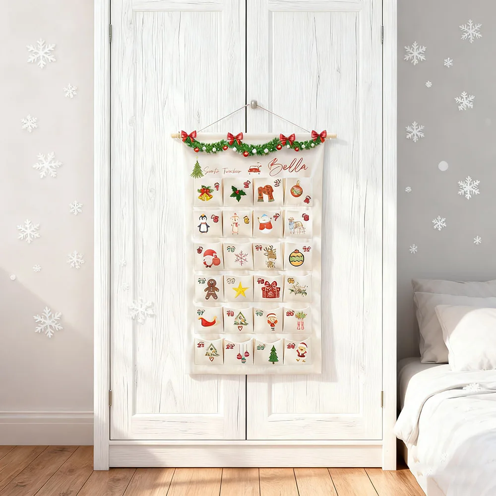 

Персонализированный тканевый адвент-календарь с трекером Санта-Клауса, многоразовый рождественский настенный подвес с 24-мя карманами, индивидуальное имя для детей