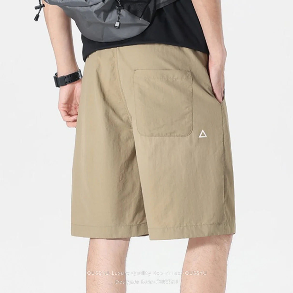 Good Quality Summer Men's Ice Silk Quick-Dry Knee Shorts Baggy Fit Outdoor Casual Pants Man with Zipper Pocket & Triangle Logo