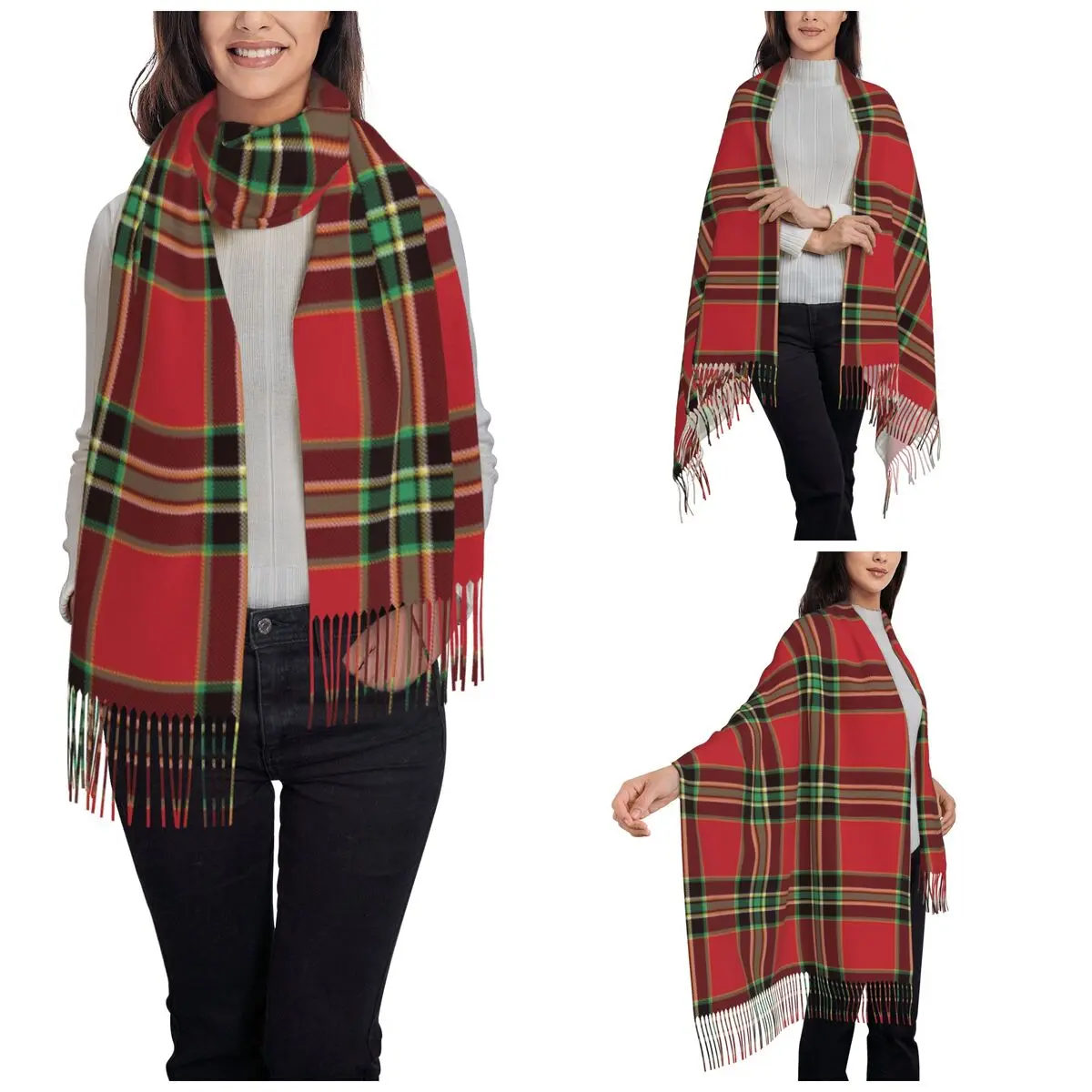 Christmas Tartan Plaid Shawl Wraps for Women Warm Large Long Scarf Christmas New Year Pashmina Tassel Scarves