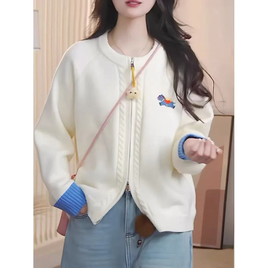 

Penguin Pendant Long Sve Knitted Cardigan Women's Spring 2026 New Sle Double Zipper Embroidered round Ne Sweater Top