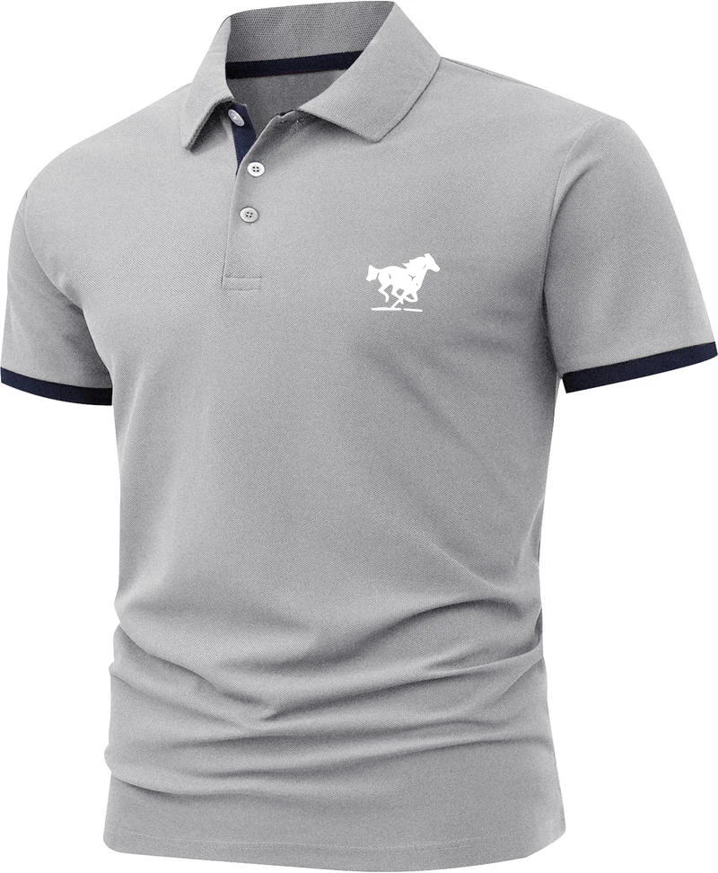 Men Horse Print Striped Trim Polo Shirt Short Sleeve Basic Modern Solid Color Golf Shirt Men's Clothing
