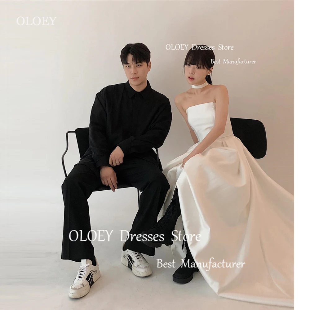 OLOEY Simple Satin A Line Korea Wedding Dresses Photoshoot Strapless Corset Back Bridal Gowns Formal Party Dress