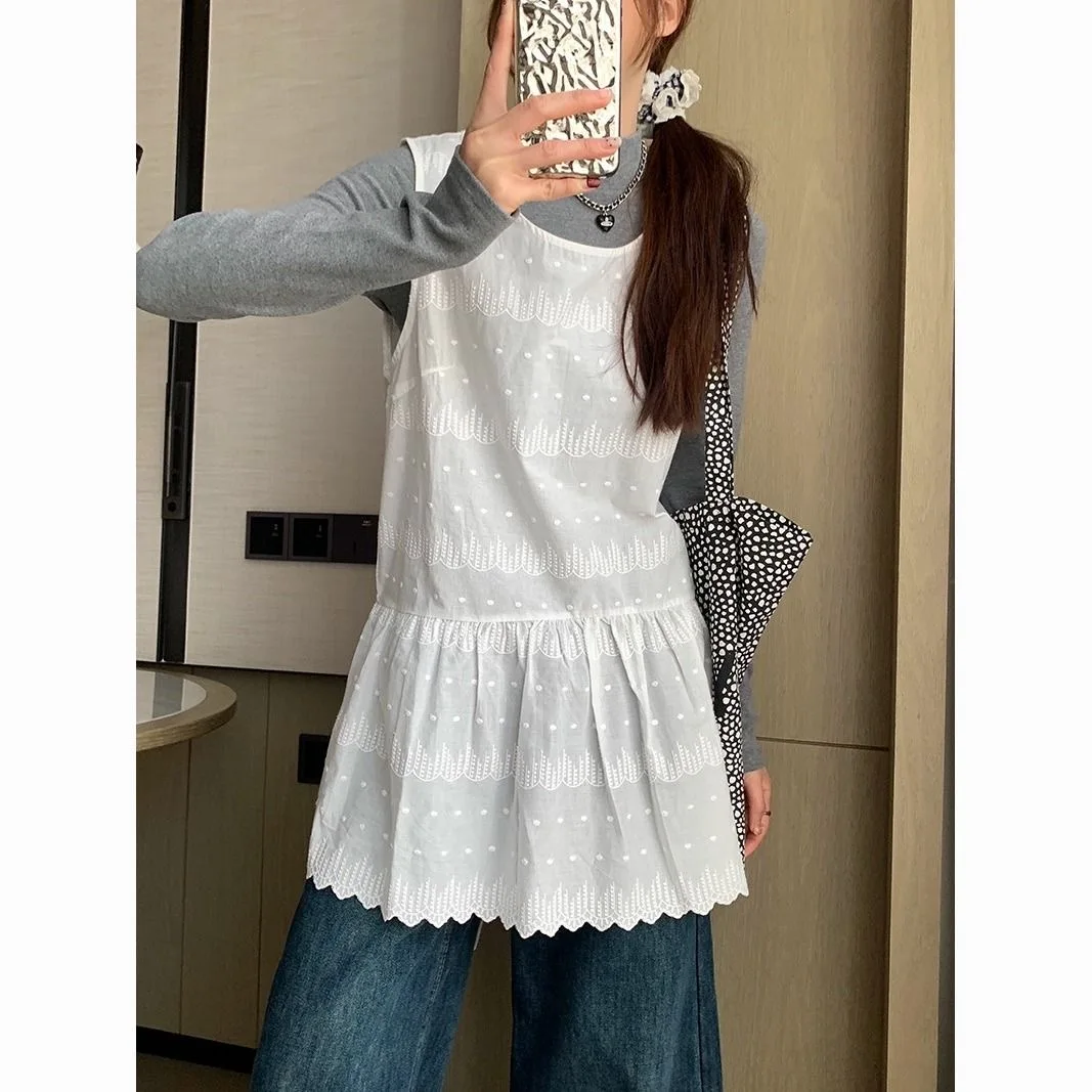 Dunne pure geborduurde witte katoenen tankjurk dames zomer korte mouwloze cover-up jurk Koreaanse schattige gelaagde kleding
