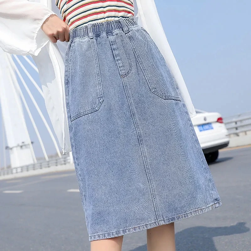 Plus-Size Denim Skirt Straight Tube Faldas Para Mujeres Mid-Length Elastic-Waisted Distressed A-Line Skirt Ropa De Mujer Skirts