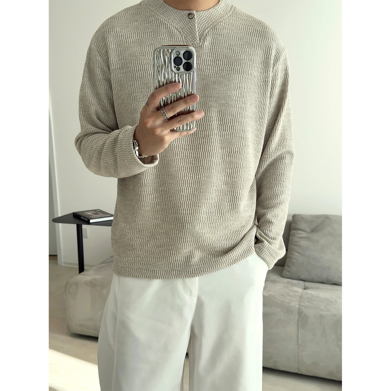 Camiseta de manga larga para hombre RiNe, cuello redondo, medio abierta, con un botón, estilo coreano, holgada, de poliéster.