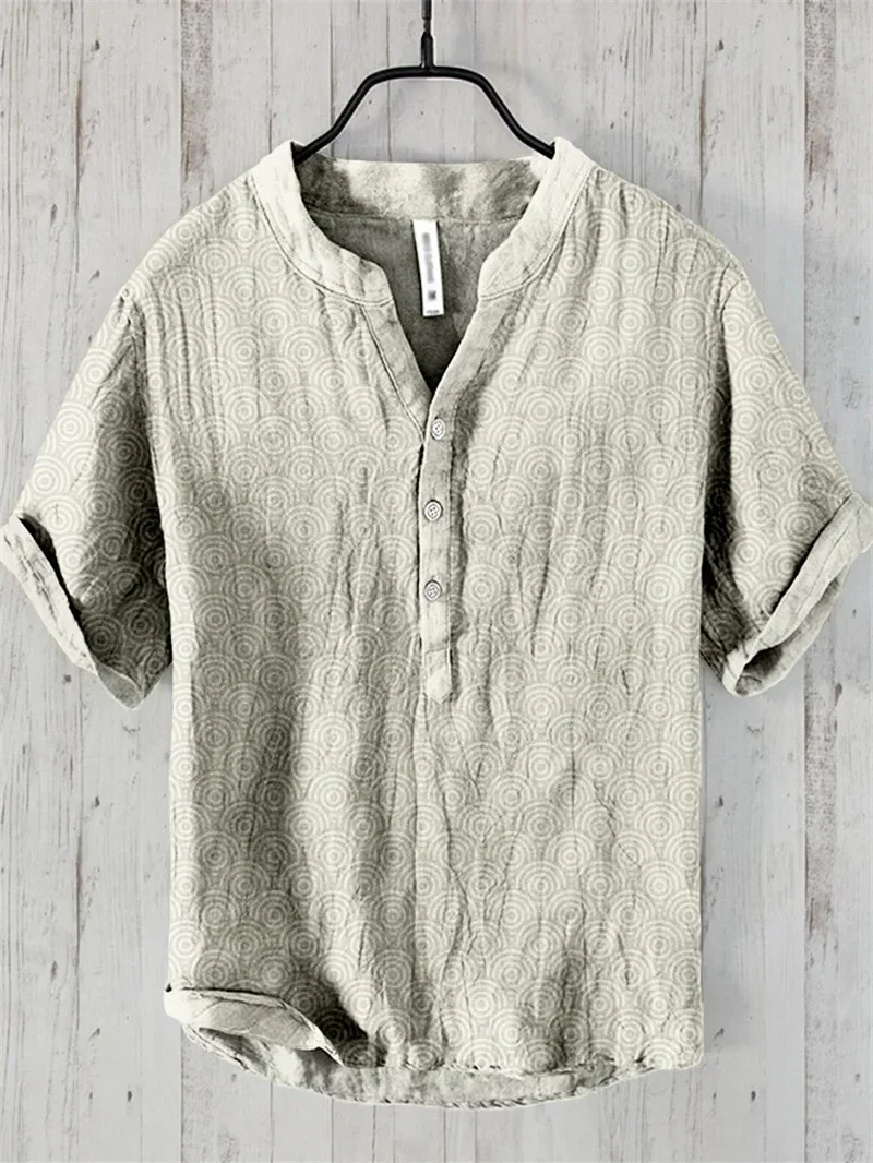 Fashion men\'s new style 100% linen summer stand collar linen men\'s Chinese style landscape painting short sleeves 2024 new