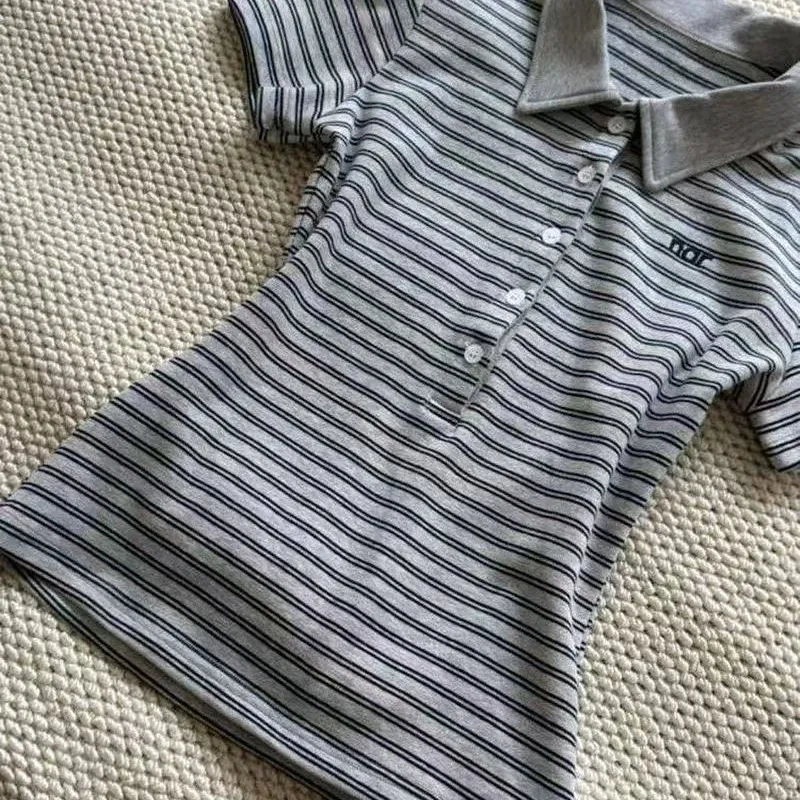 Vintage Stripe New All-match Mujer Camisetas Slim Short Minority Casual T-shirt American Office Lady Premium Top Female