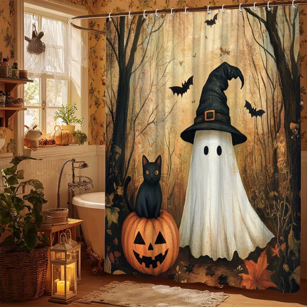1pc Spooky Shower Curtain Suitable for - Halloween Bath Decor with Ghosts, Cat & Pumpkin, Shower Hanging Curtain with 12 Hooks,