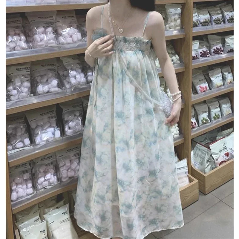 المرأة الصيف كشكش ثلاثية الأبعاد زهرة الدانتيل متابعة الحلو الجنية فستان الشاطئ التعادل صبغ طباعة مثير السباغيتي حزام بلا أكمام فضفاض فساتين متوسطة الطول #5