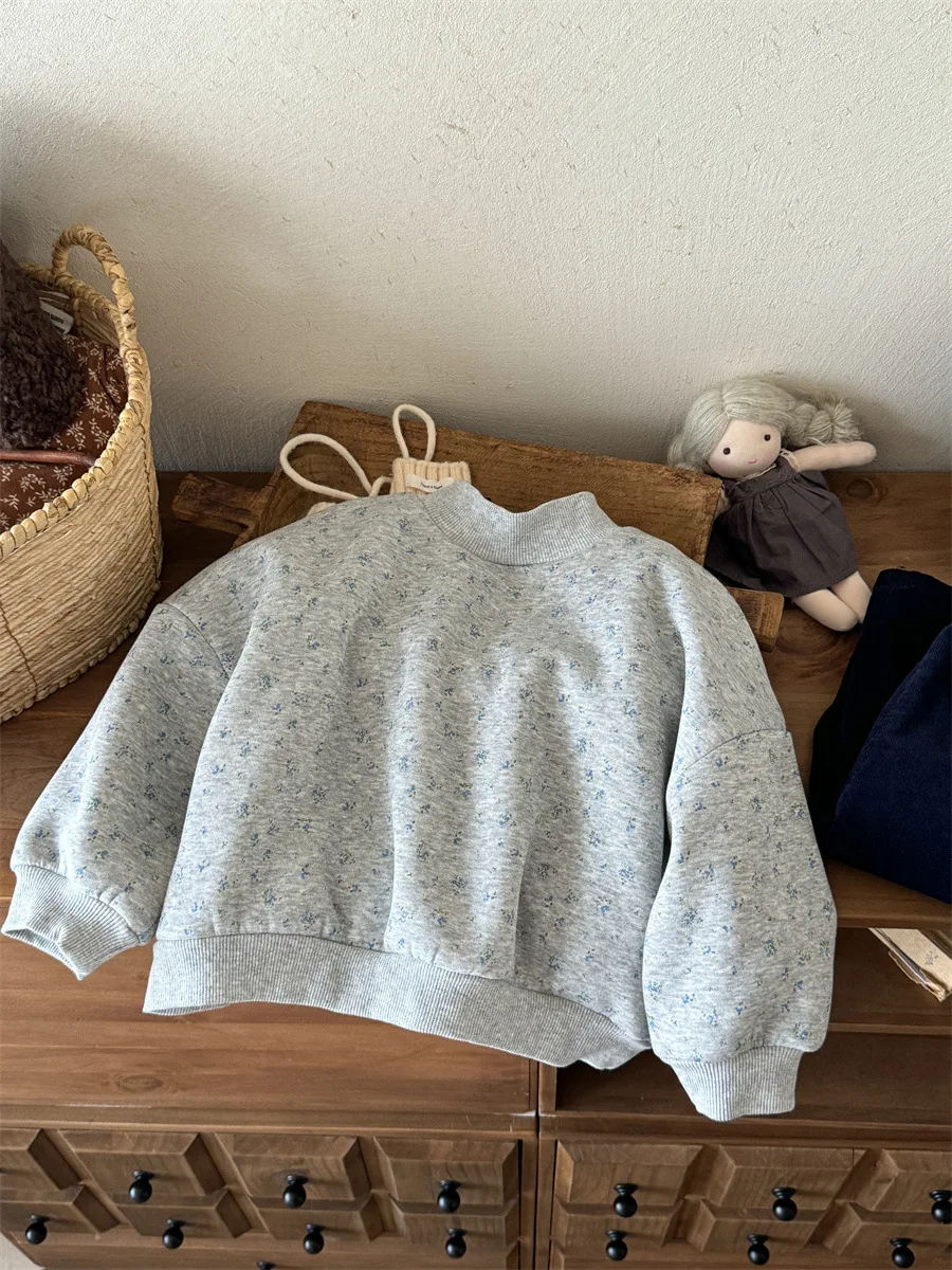 Floral Print Fleece Lined Loose Fit Kids Hoodie New Winter Collection Soft Cotton Blend Long Sleeve Overhead Style for Girls