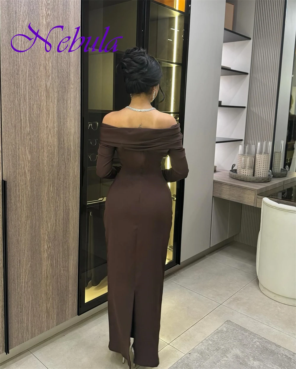 تخصيص مزاجه قارب الرقبة مساء اللباس حساسة جيرسي طويلة الأكمام فستان العودة للوطن الحديثة زيبر الظهر فستان الحفلة الراقصة