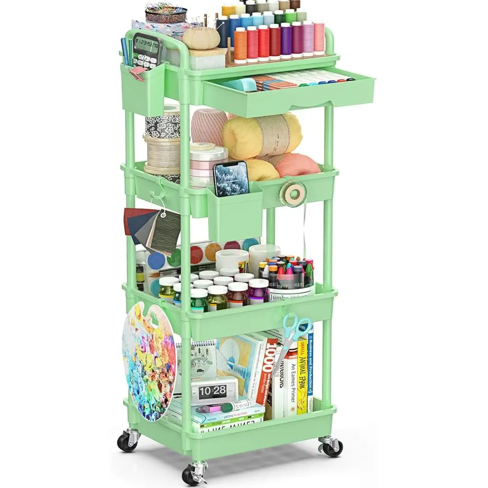 

4 Tier Rolling Utility Cart with Drawer, Storage Organizer Cart with 2 Lockable Wheels, Multifunctional Rolling Storage Cart for