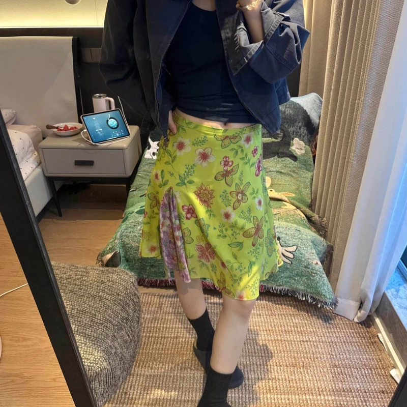

Deeptown Vintage Floral Skirts Women Elegant Sweet Green Ruffle Skirts Japanese Style Harajuku Fashion High Waist Mid Skirts