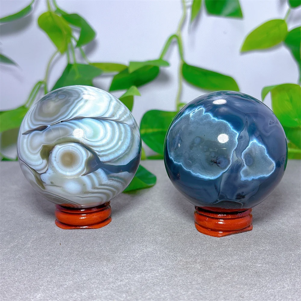 Blue Agate Line Sphere Natural Crystal Quartz Minerals Stone Home Decoritems Reiki Garden Love Gifts Energy Healing Lucky +Stand