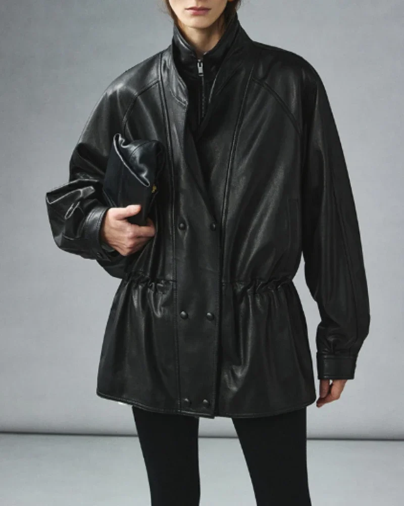 veste Spring and Autumn Double Collar Drawn Waist Leather Jacket Retro Medium Long Loose Skinny Leather Coat for Women