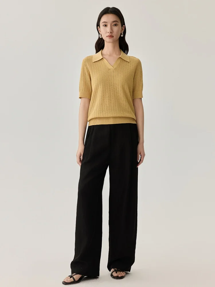 Birdtree, 30% Silk 70% Cotton Solid Tshirt, Polo Neck Short Sleeve Tops, Women's Knitted Thin Shirt, 2026 Summer New T64625JF