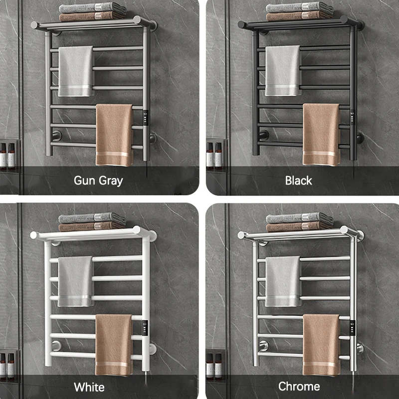 Imagem -06 - Toalheiros Aquecidas Elétricas para o Banheiro Preto ou Chrome Rail Timing Warmer Aço Inoxidável Temperatura