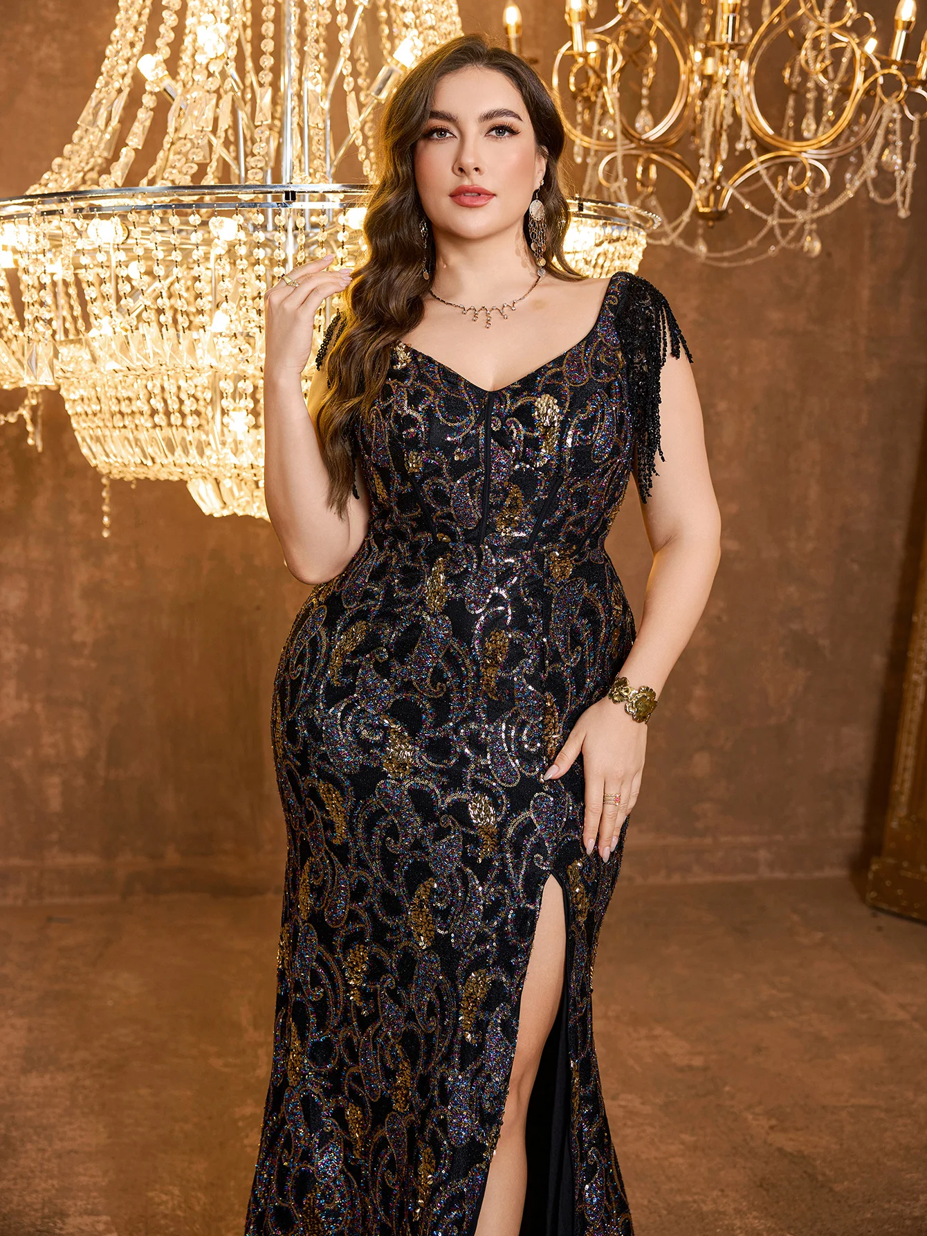 UNITHORSE [طباعة عشوائية] بالإضافة إلى شرابة على شكل حرف V بقصة ضيقة وفتحة عالية وحاشية حورية البحر ترتر ومزاج مرقع فستان سهرة