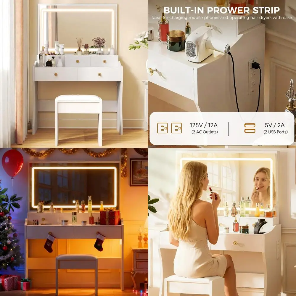 

LED Mirror Vanity Desk with 5 Drawers, Chair, and Charging Station, Pearl White