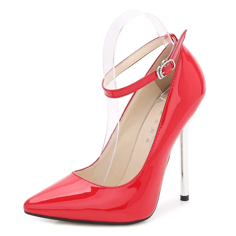 13cm Heels Buckle Women Pointed Toe Pumps Patent Leather Shoes Stiletto Heels Office Pump Super Big Size 33-50