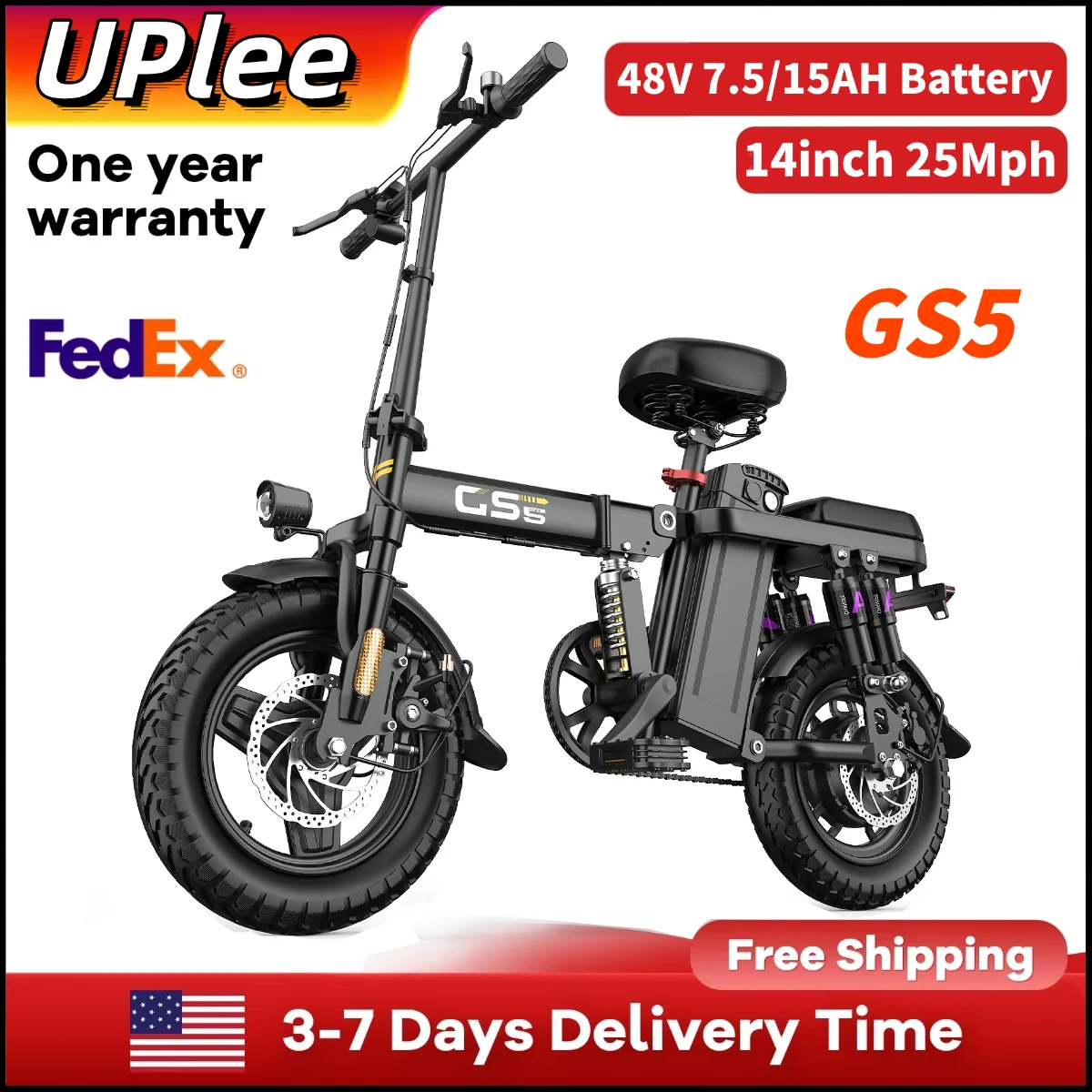 

Электровелосипед UPlee GS5 с пиковой мощностью двигателя 750 Вт, съемной батареей 48V15AH, 14-дюймовыми колесами, складной конструкцией и множеством амортизаторов.