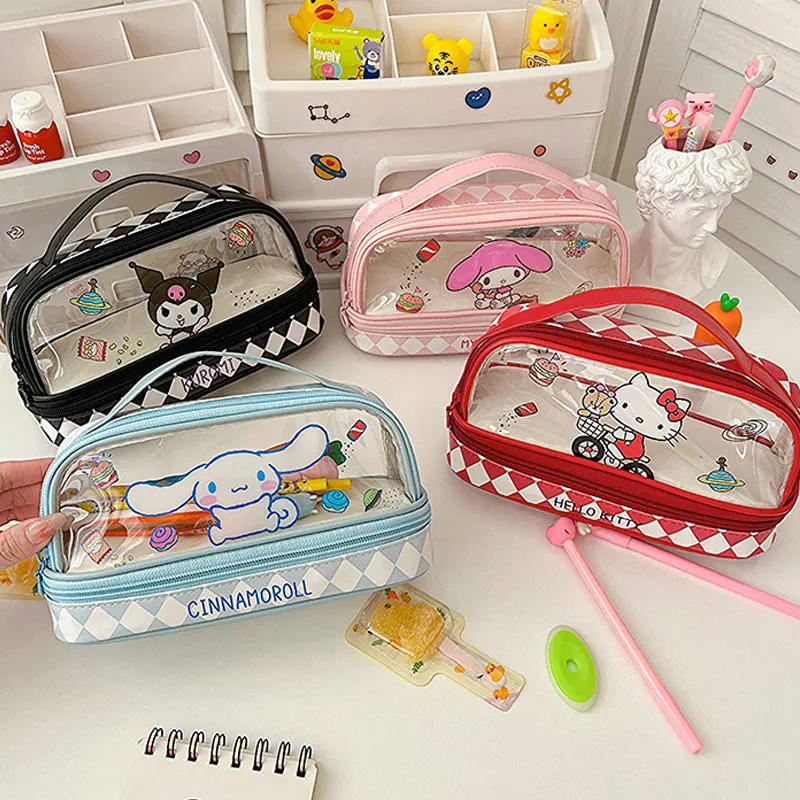 Double Layer Sanrio Pencil Case Cartoon Hellokitty Kuromi Cinnamoroll Melody Large Capacity Portable Girl'S Makeup Bag Pen Bag