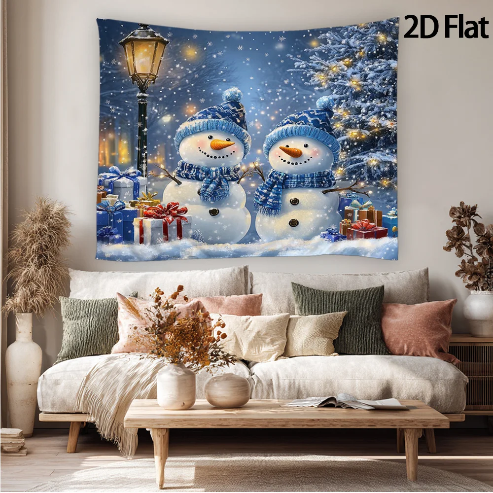 2D Flat, 1pc Winter Wonderland Snowman Tapestry - Adorable Snowmen with Presents & Snowflakes, Festive Holiday Scene, Polyester