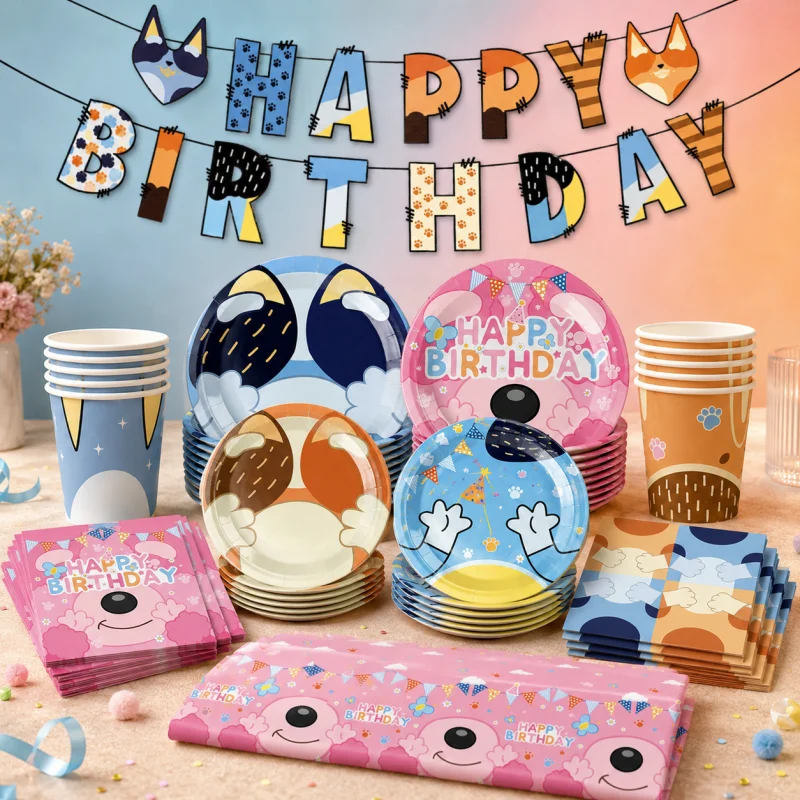 Blue Dog Themed Party Supplies Disposable Picnic Tableware Portable Decorative Style Birthday Plate Cups Napkins Family Gatherin