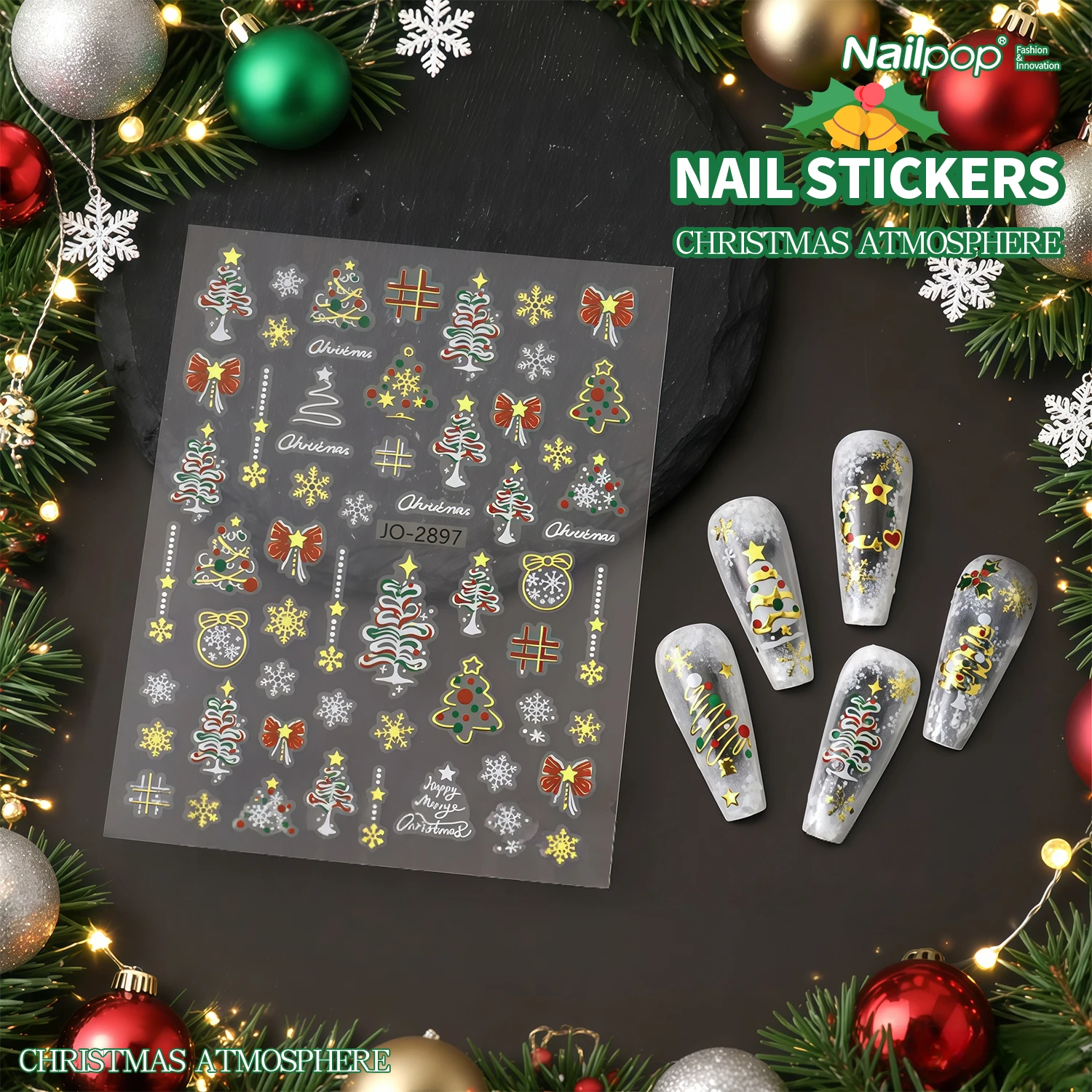Nailpop عيد الميلاد ملصقات الأظافر للاحتفال DIY مانيكير أحمر أبيض عيد الميلاد المبتدئين ودية طويلة الأمد عطلة التبعي 1 قطعة