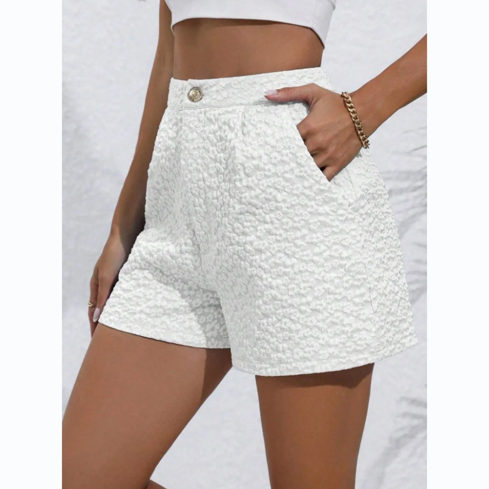 Pantalones cortos ajustados de mezclilla falsa para mujer, pantalones cortos de encaje Jacquard, pantalones de verano rectos que combinan con todo, novedades femeninas