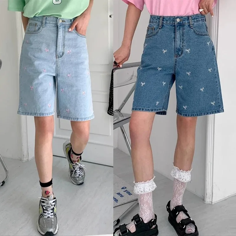 Corée du sud Chic été rétro broderie nœud contraste couleur taille haute polyvalent jambe large pantalon jean Shorts femmes