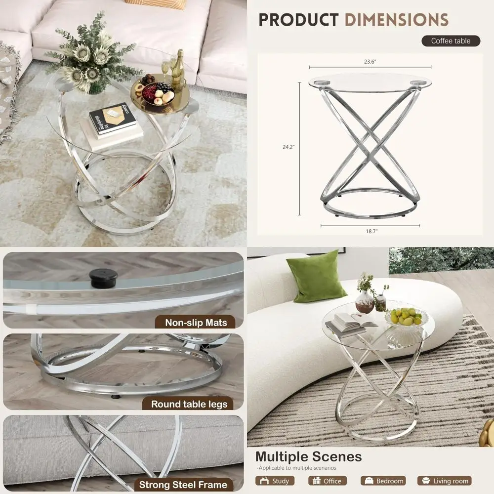 

Contemporary Silver Framed Glass Coffee Table - Round for Living, Study, Office Spaces