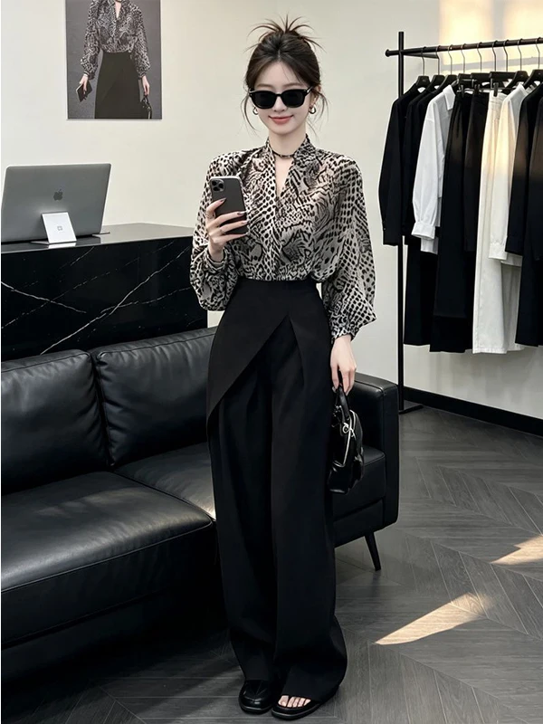Leopard Print V-Neck Lantern Sleeve Shirt And High Waist Wide Leg Pants Two-Piece Set for Women Casual Autumn Fashion