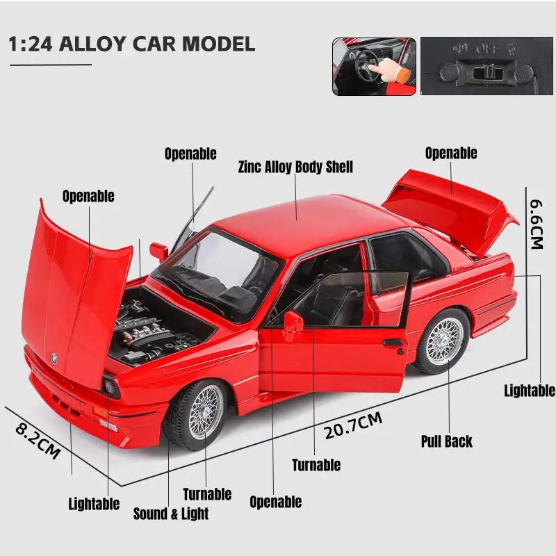 1/24 BMW M3 E30 장난감 자동차 모델, 다이캐스트 금속 차량 미니어처 풀백 사운드 라이트 도어, 어린이 남아용 오픈 컬렉션 선물