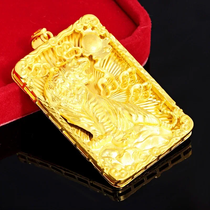 Real 18 K Gold Men\'s Square Tiger Pendant for Men Father Bro Pure Classic Wedding Gold Pendants Without Chain Fine Jewelry Gifts