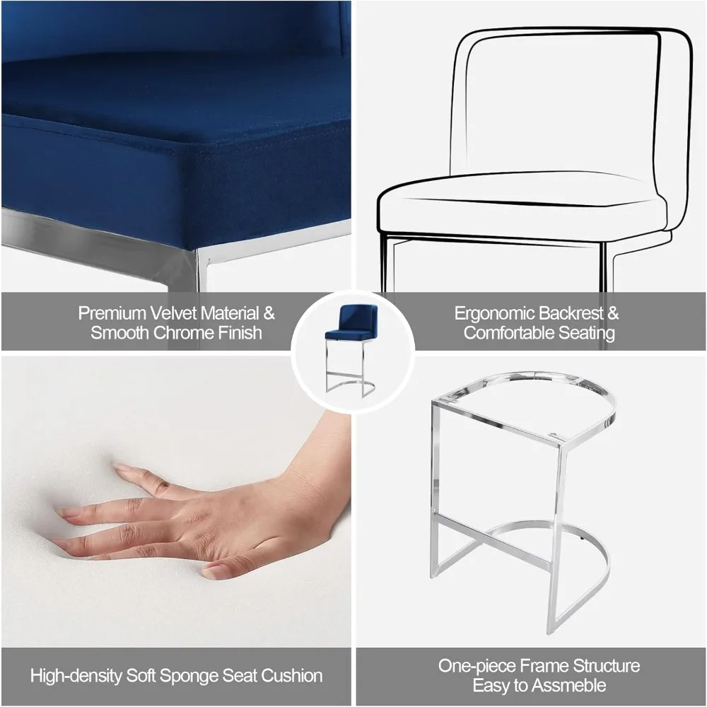 カウンター高さ26インチのバースツール2脚セット、背もたれとC型メタルフレーム付きモダンベルベットバースツール、布張りバーチェアカウンター