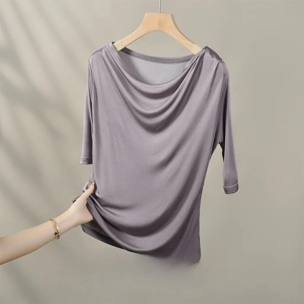 

Yuyue Women's Silk Half-Sleeved Top Asymmetrical Pleated Slim Design Straight T-Shirt for Summer