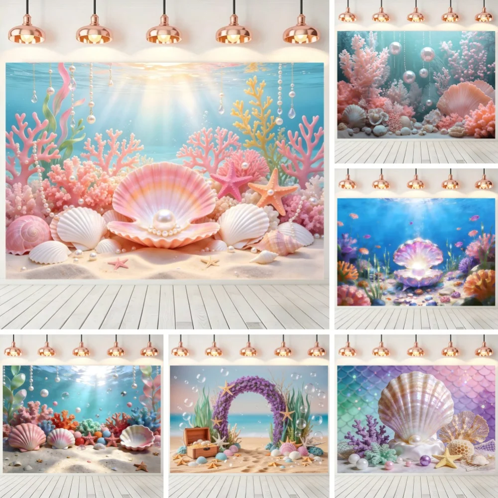 Under The Sea Shells Pearls Ocean Themed Photography Background Mermaid Underwater World Kid Birthday Baby Shower Decor Backdrop