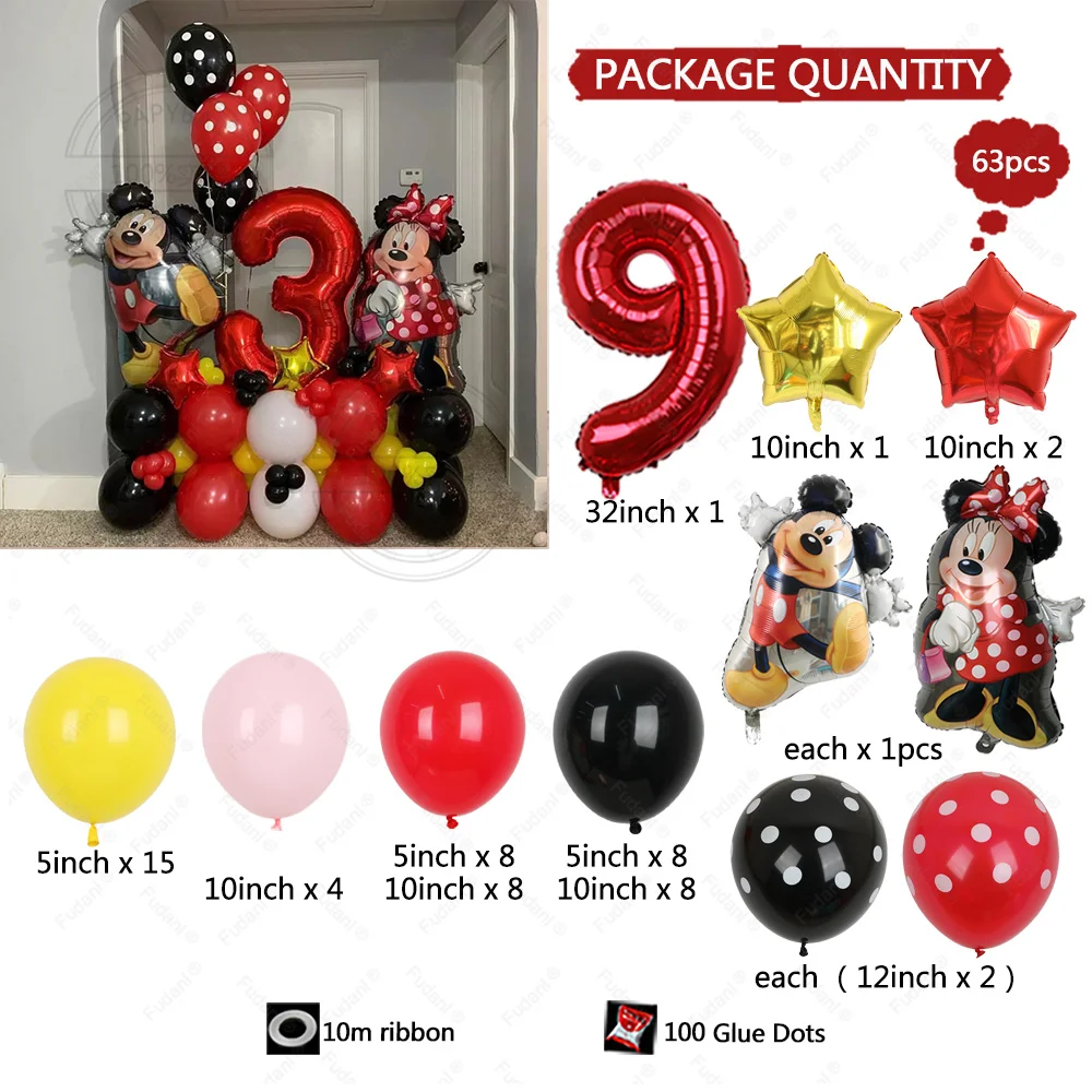 63 pz/set Cartoon Mickey Minnie Mouse Foil Balls 5/10 pollici rosso giallo palloncini in lattice per bambino 1-9th Birthday Party Decors Supply