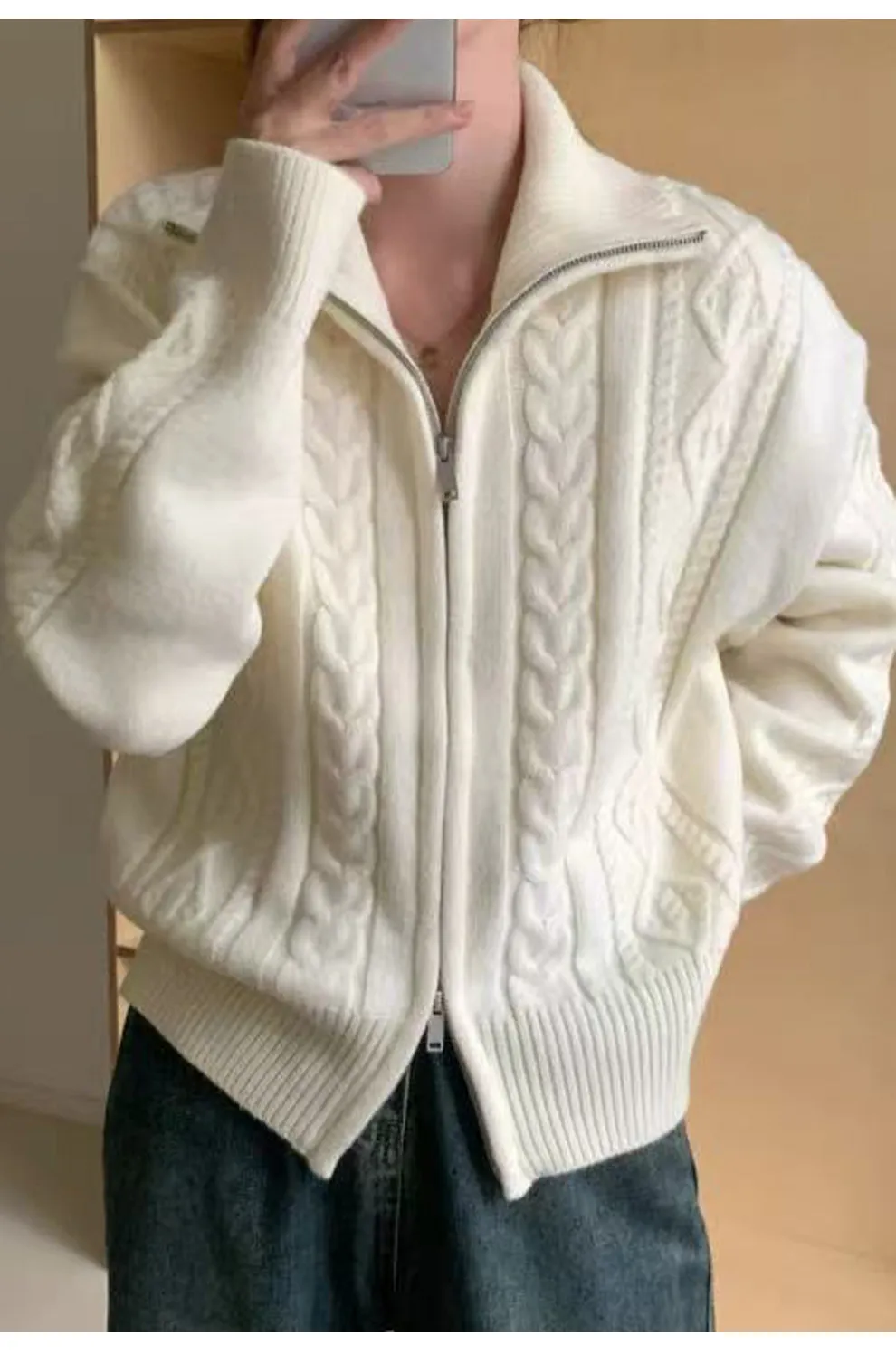 High-grade high-necked zipper twist cashmere sweater coat women's loose lapel knit cardigan in autumn and winter