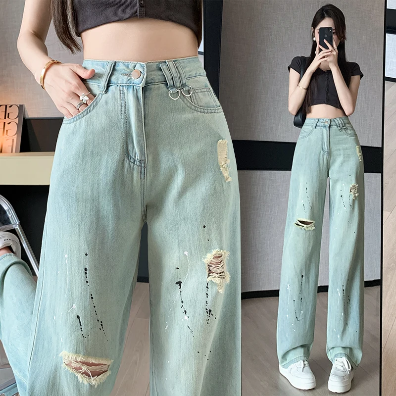 Graffiti worn denim wide leg pants for women 2024 summer Korean high waisted narrow style loose and slimming straight leg pants