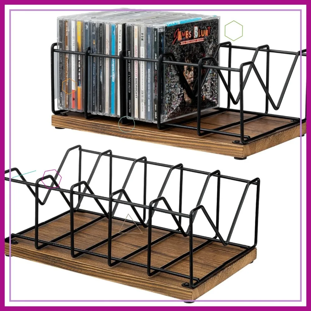 

2-Pack Vintage Wood and Black Metal CD Rack Holder, Organizes 50 Jewel Cases for Tabletop Storage