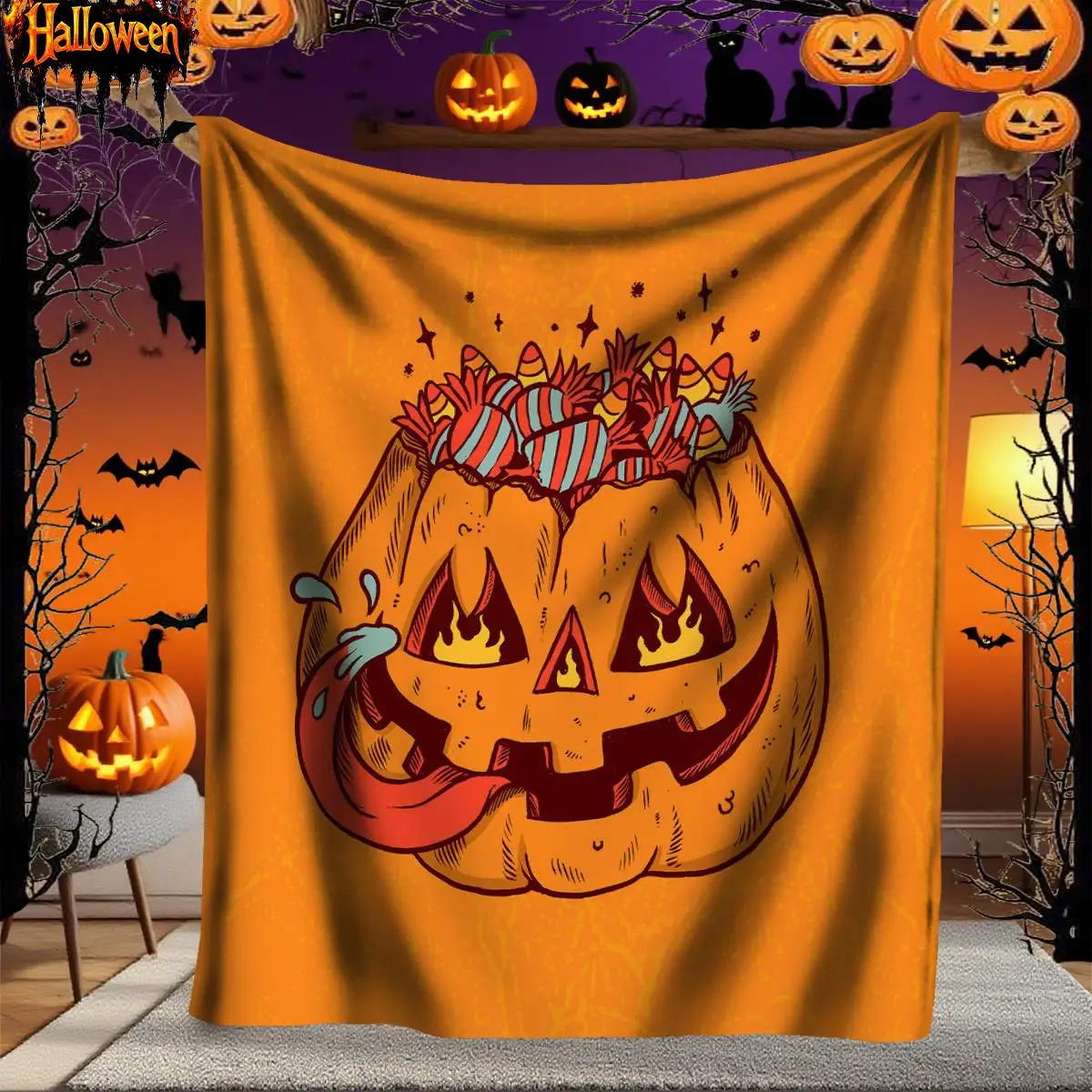 Halloween Throw Blanket, Spooky Tongue Out Pumpkin with Candy-Filled Belly Design, Soft Flannel All-Season Couch Bed Decor, Mach