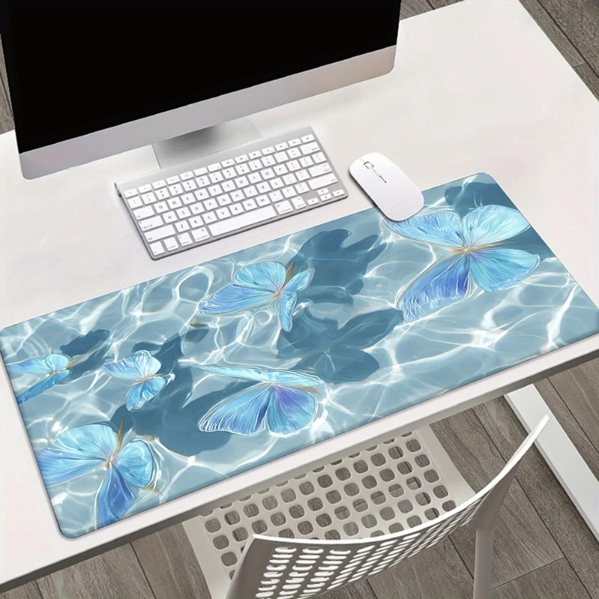 Blue Butterfly Water Ripple Extended Mouse Pad Rubber Non-Slip Desk Mat for Gaming PC Office