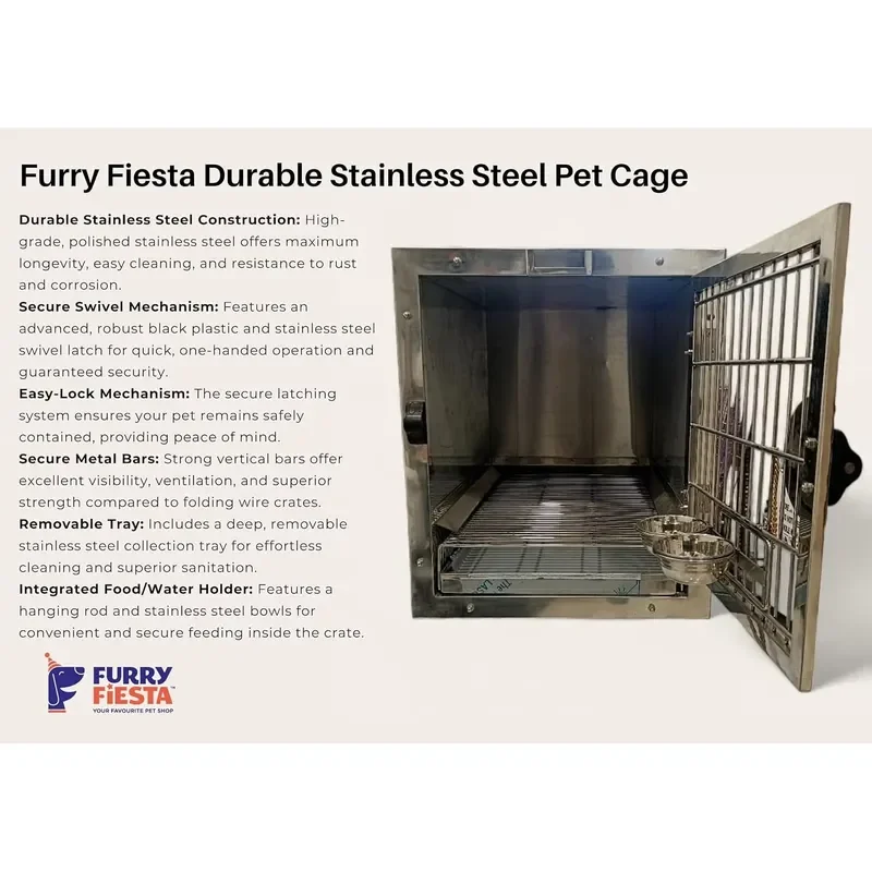 ZJH Stainless Steel Pet Cage for Dogs Cats Modular Kennel Easy-Lock Door Dual Door Access Removable Tray Feeding Bowls