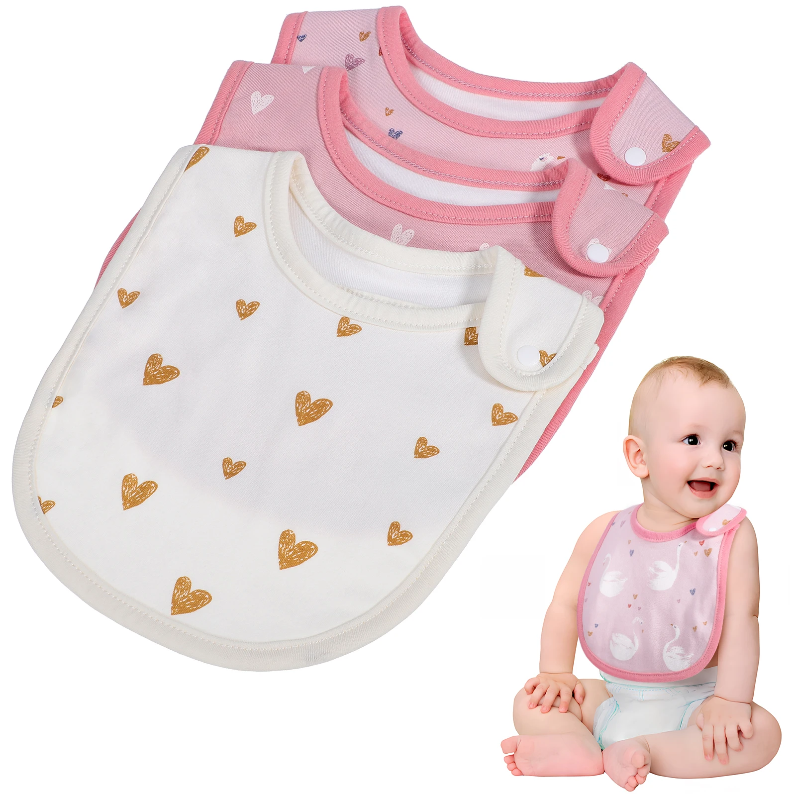 

3pcs Cotton Bibs Baby Bandana Drool Snap Buttons Eating Girl Accessories Cloth Reusable Washable Designs Lightweight
