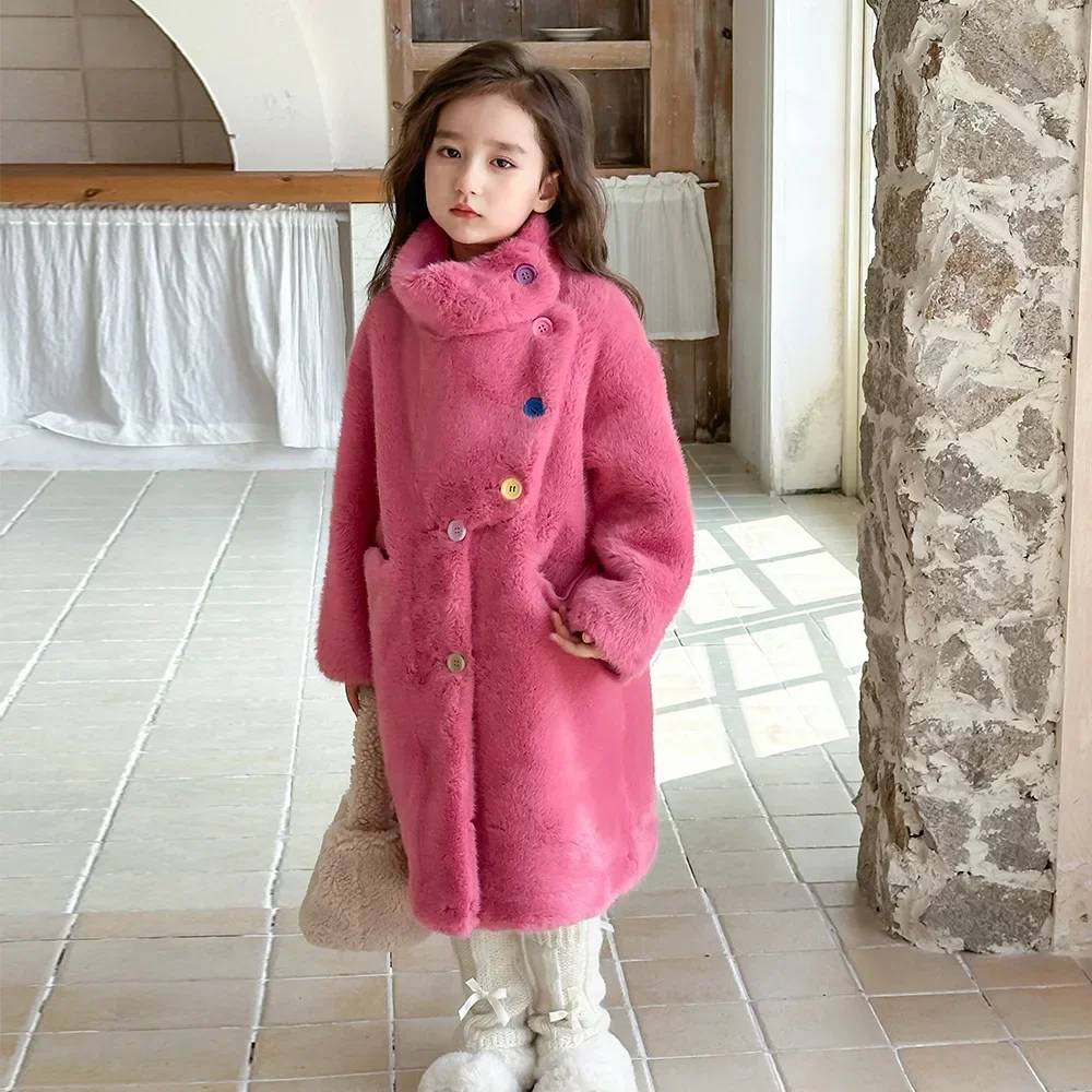 Children's Mink Jacket Autumn Winter Stand Collar Girls Velvet Fleece Long Coat Faux Fur Parka For Kids TR320