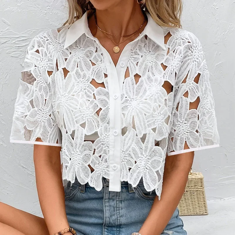 بلوزة قميص نسائية صيفية بأكمام قصيرة موضة بيضاء بياقة مقلوبة بلوزة قميص مفرغة بلوزات نسائية قمصان De Mujer Q285