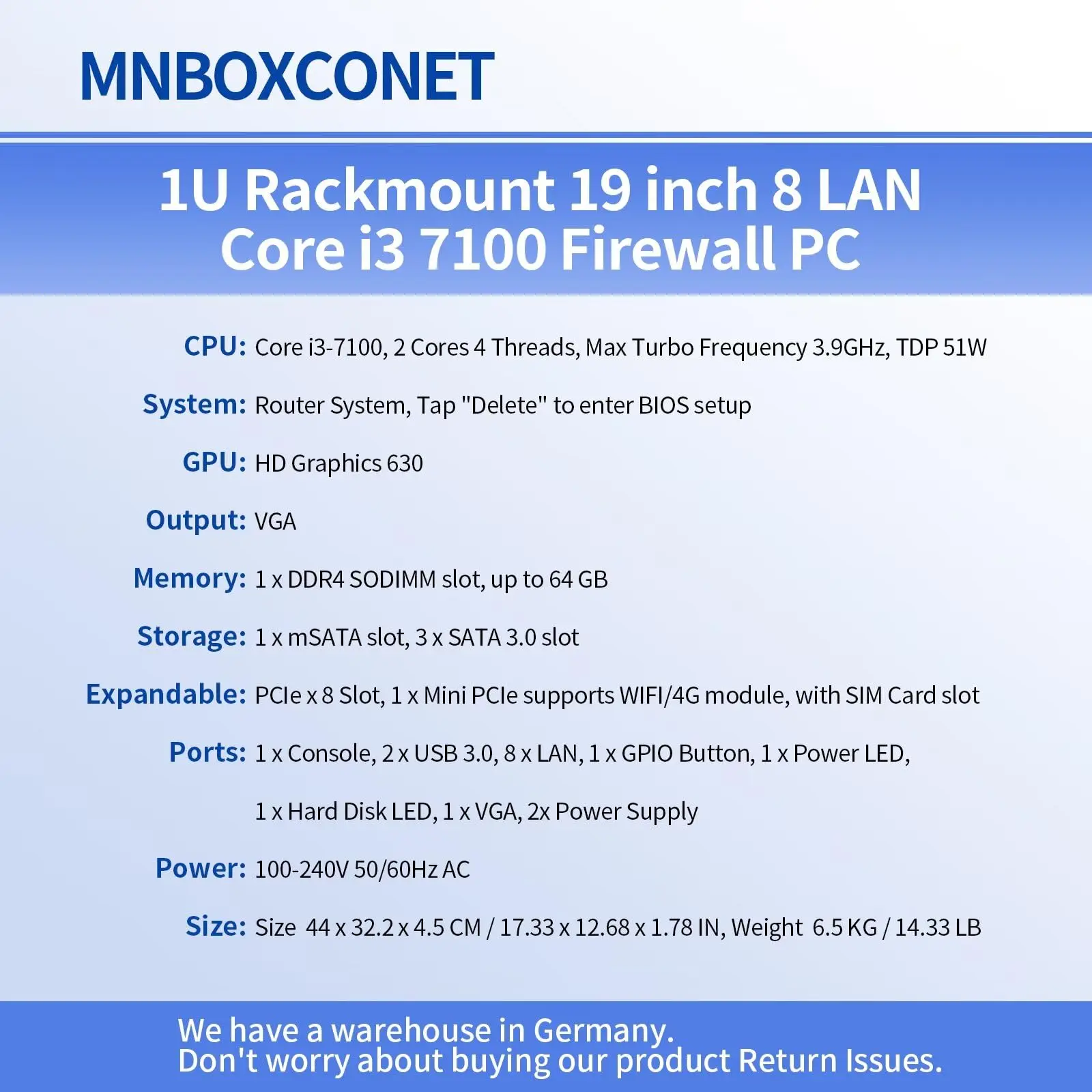MNBOXCONET 1U Server per montaggio su rack Apparecchio per router firewall da 19 pollici i7-7700, Apparecchio di rete 2 x 10 GBE 8 x i226V Gigabit Ethernet