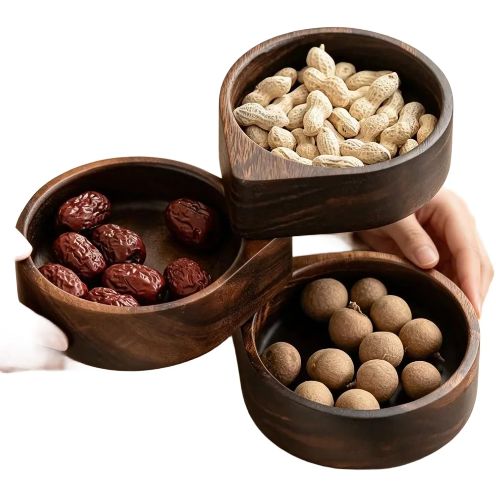 Creative Rotating Dark Food Solid Wood Fruit Tray Dustproof Snack Box Divided Nut Organizer Multi Compartment Home Party Decor